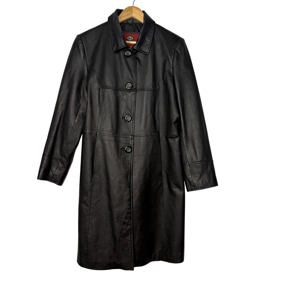 Marc Mattis Genuine‎ Leather Trench Coat Black Button Front Long Jacket 90s L